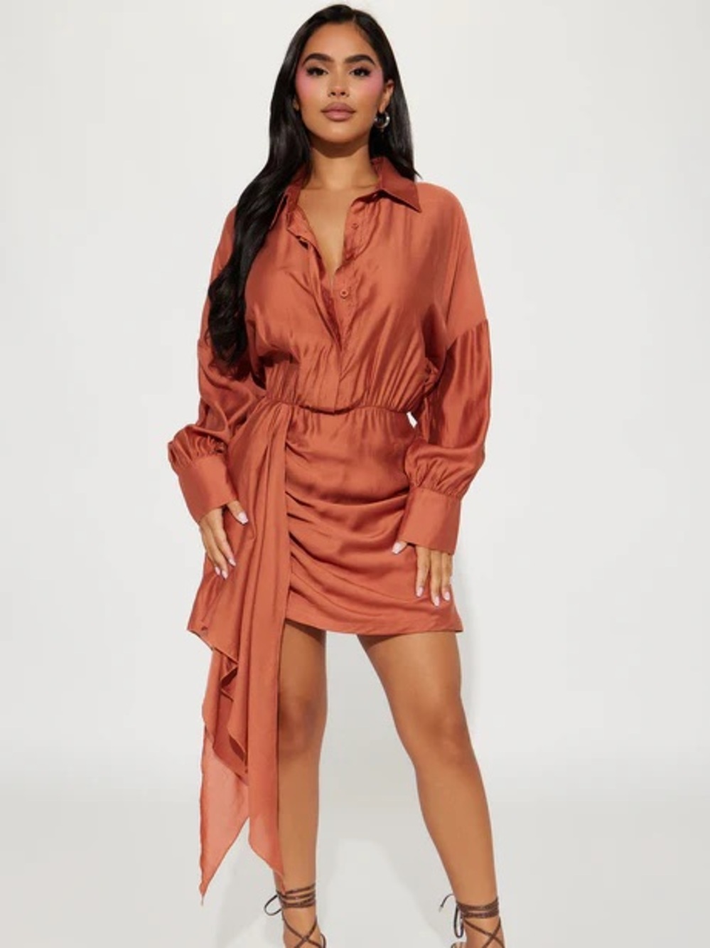 Fashion Nova Satin Rust Long-Tie Shirt Mini Dress